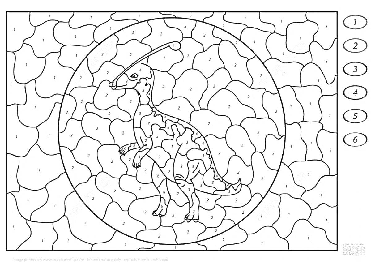 На раскраске изображено: Динозавр, По номерам, Животные, Камни