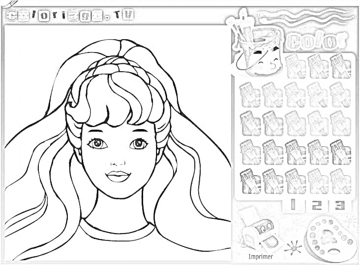 Раскраска Портрет куклы с длинными волосами в игре раскраске Барби, с набором раскрасок, красками и палитрой