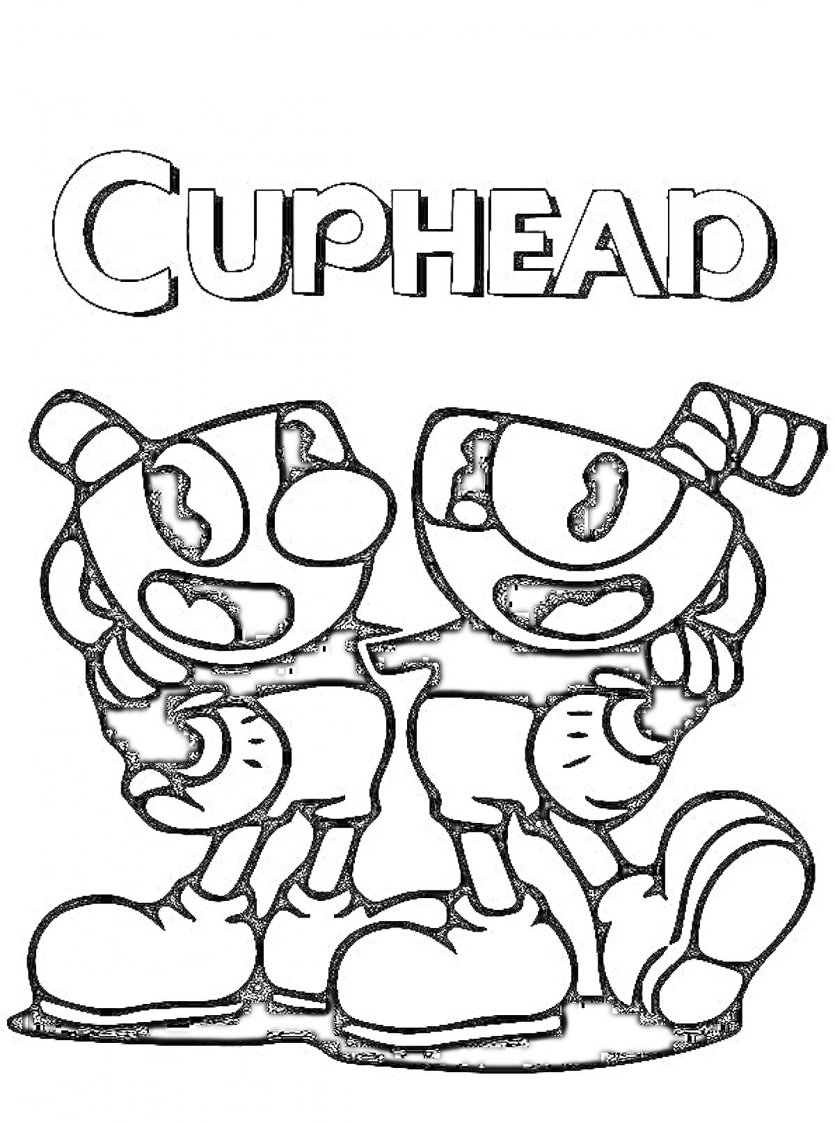 Раскраска Две персонажа из Cuphead, стоящие вместе под надписью 