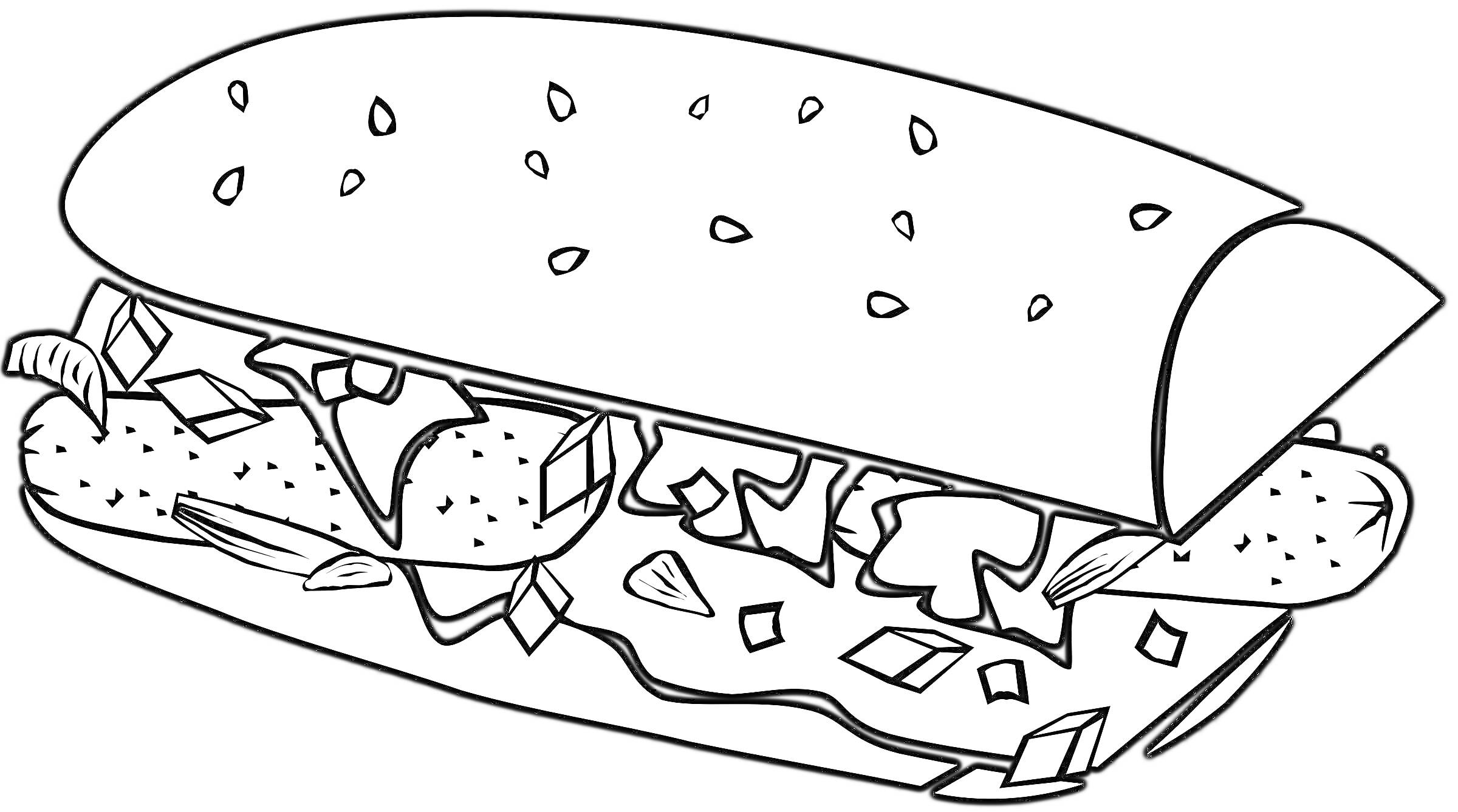 На раскраске изображено: Бутерброд, Сэндвич, Булочка, Салат, Лук, Помидор