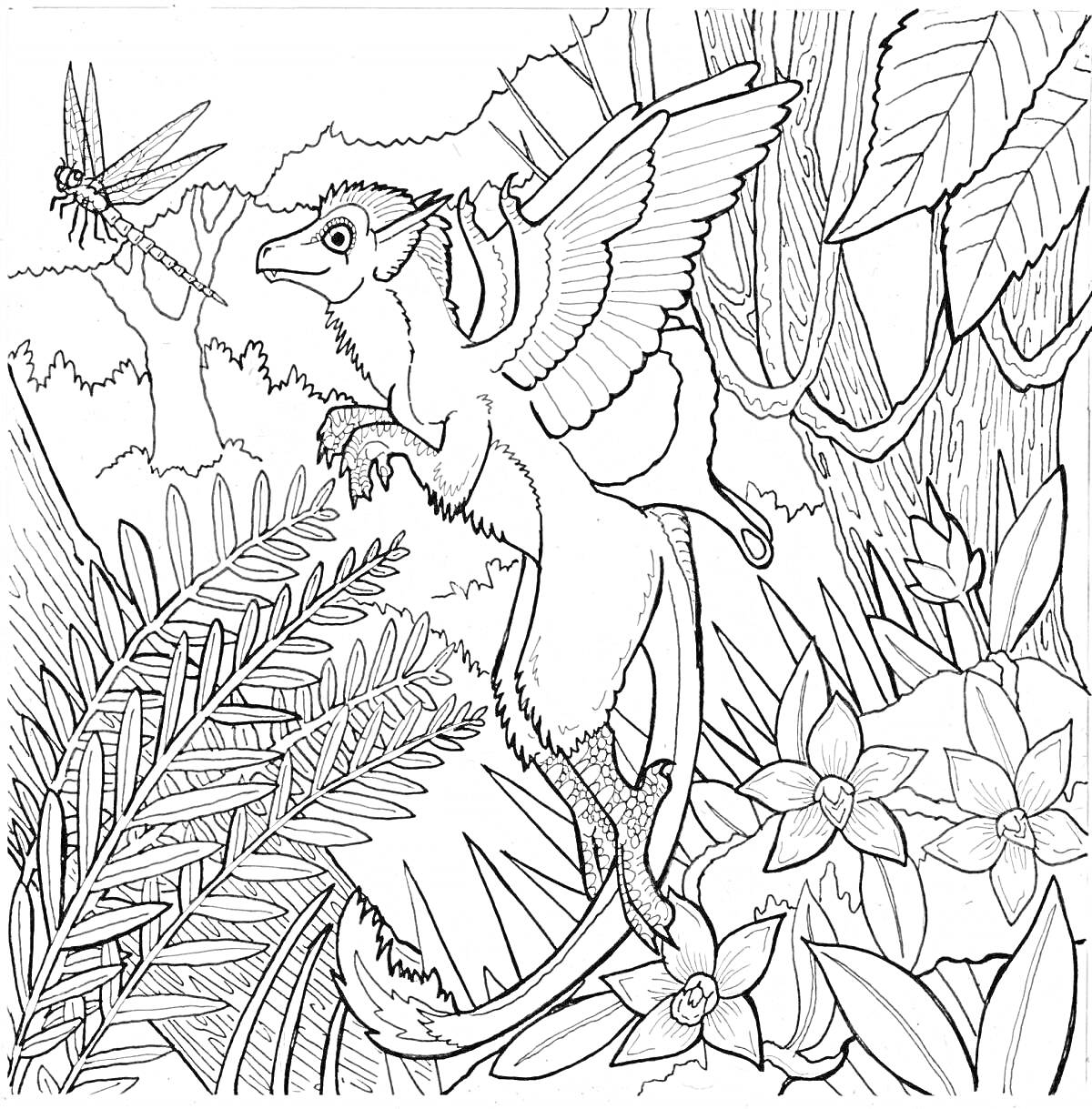 Раскраска Летящий ящер среди джунглей с цветами и стрекозой