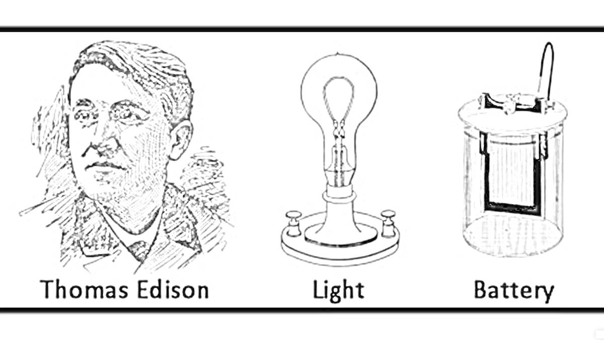 Портрет Томаса Эдисона, лампа, батарея