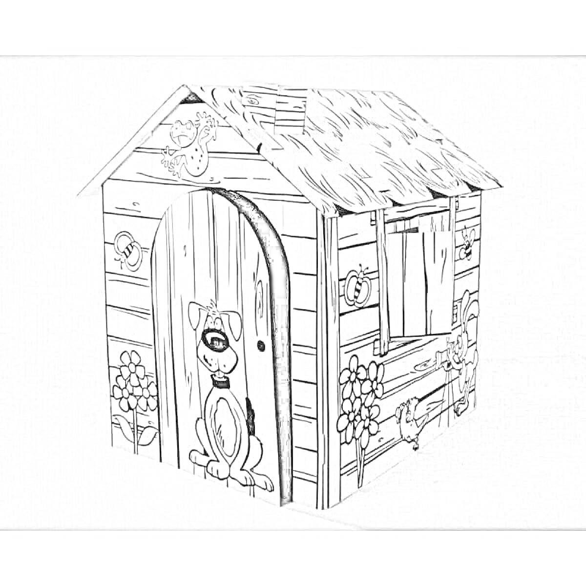 Раскраска Картонный домик с изображением собаки, растений и окна.