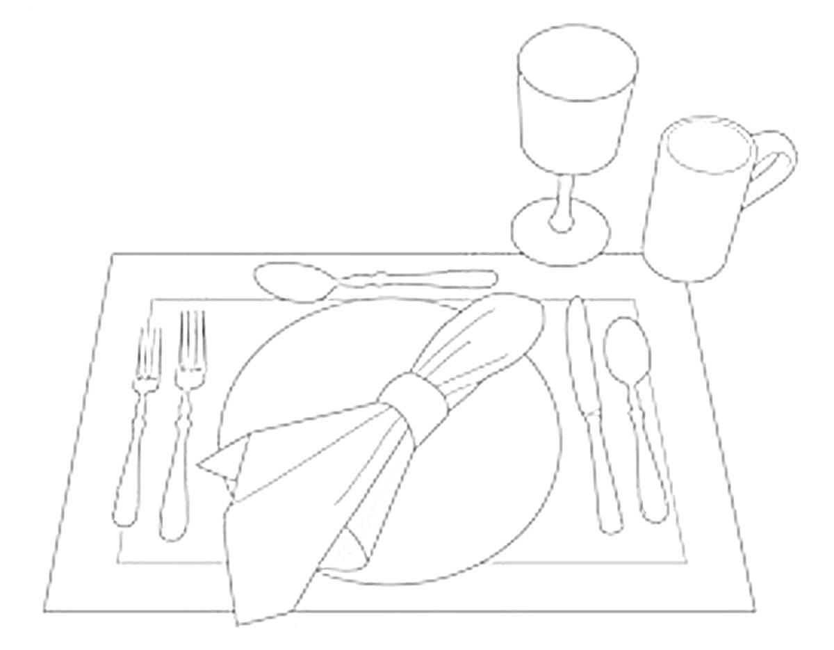 Раскраска Сервировка стола с тарелкой, салфеткой, вилками, ножами, ложками, бокалом и чашкой для детей