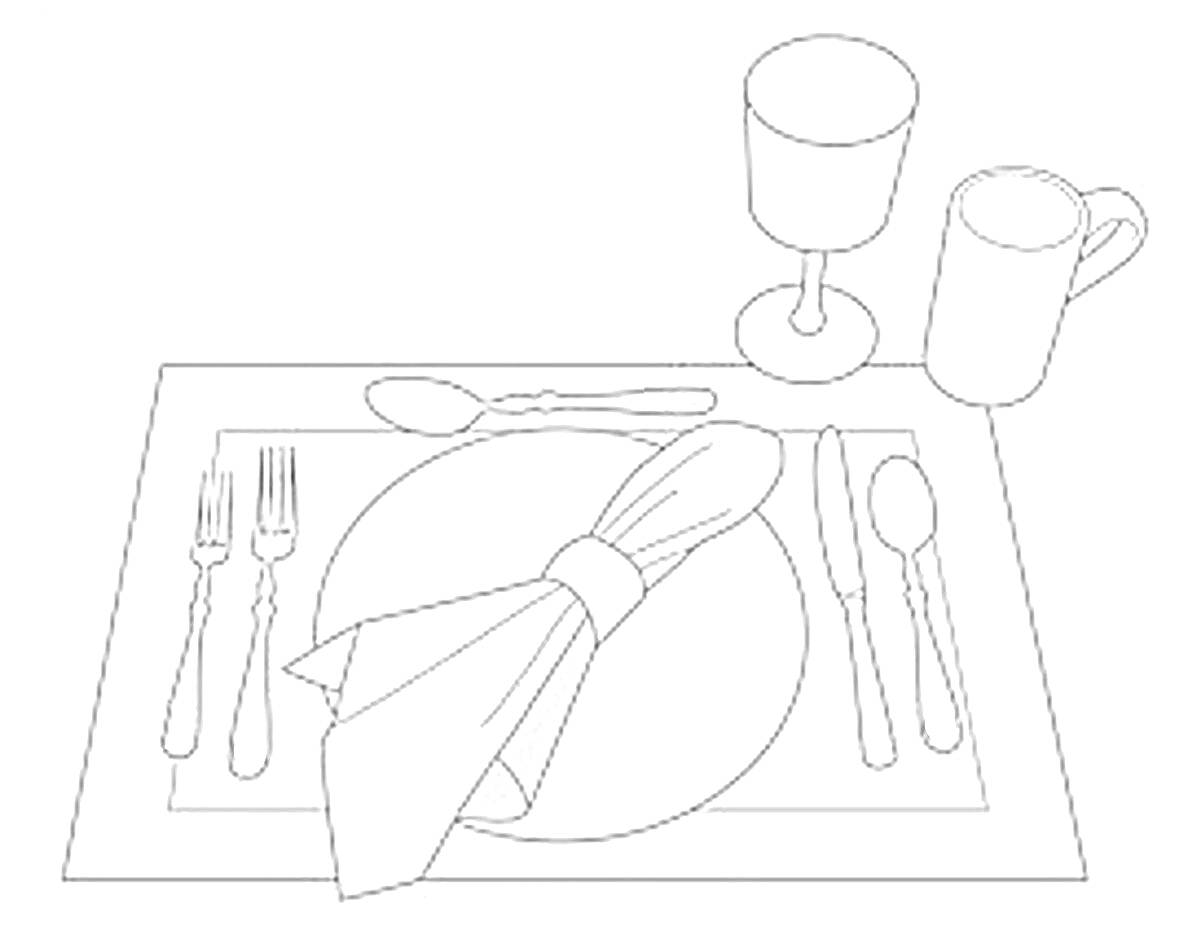 На раскраске изображено: Сервировка, Стол, Тарелка, Вилка, Нож, Ложка, Бокал