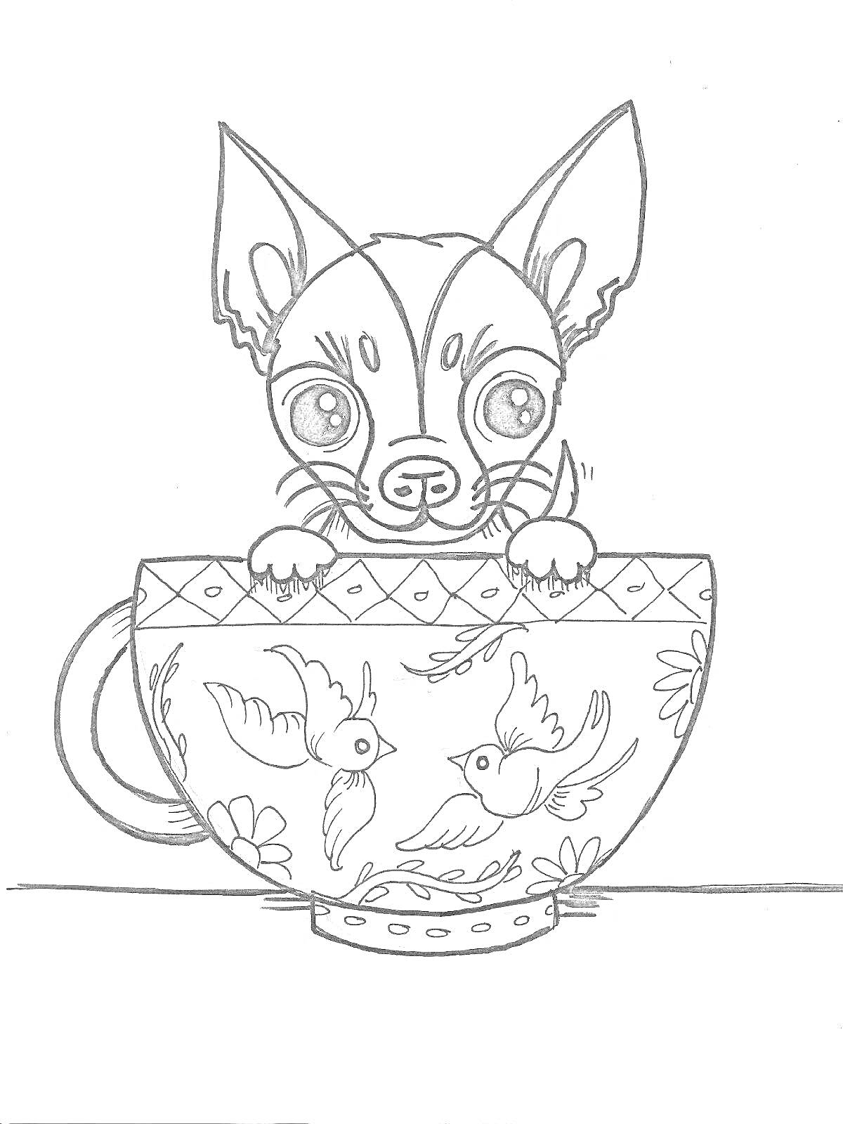 На раскраске изображено: Чихуахуа, Собака, Чайная чашка, Узоры, Цветы