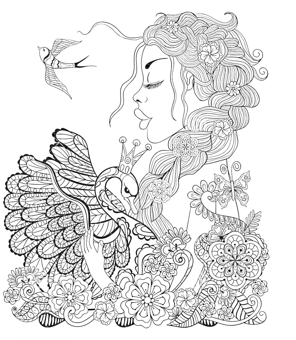 Раскраска Девушка с длинными волосами, держащая коронованного лебедя, рядом цветы и стрекоза, в летающей птичке вверх