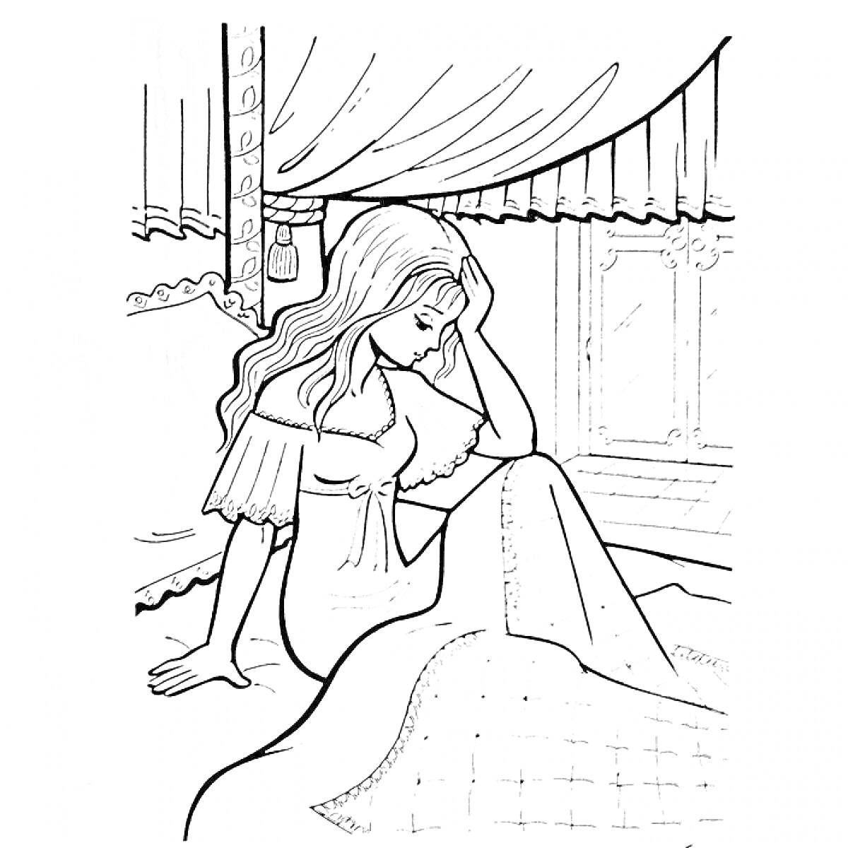 Раскраска Принцесса на горошине сидит на постели, окружающая обстановка - кровать с балдахином, занавески, окно