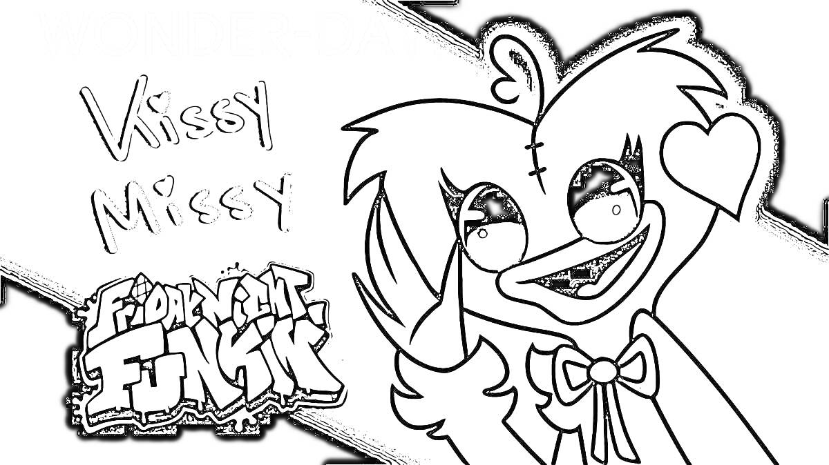 Раскраска Кисси Мисси из Friday Night Funkin', портретное изображение с бантом и сердечком