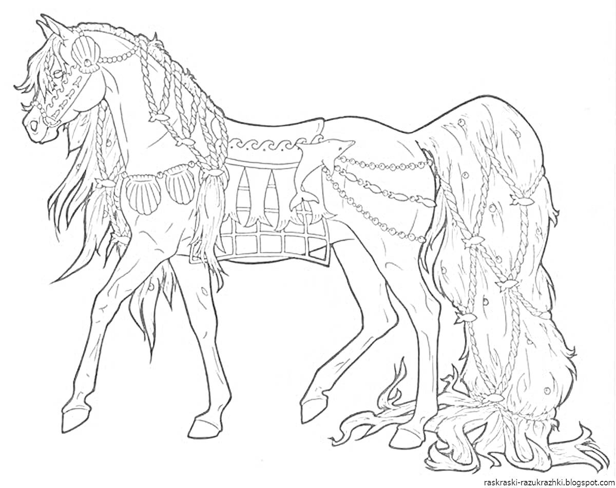 На раскраске изображено: Лошадь, Украшения, Грива, Хвост, Копыта