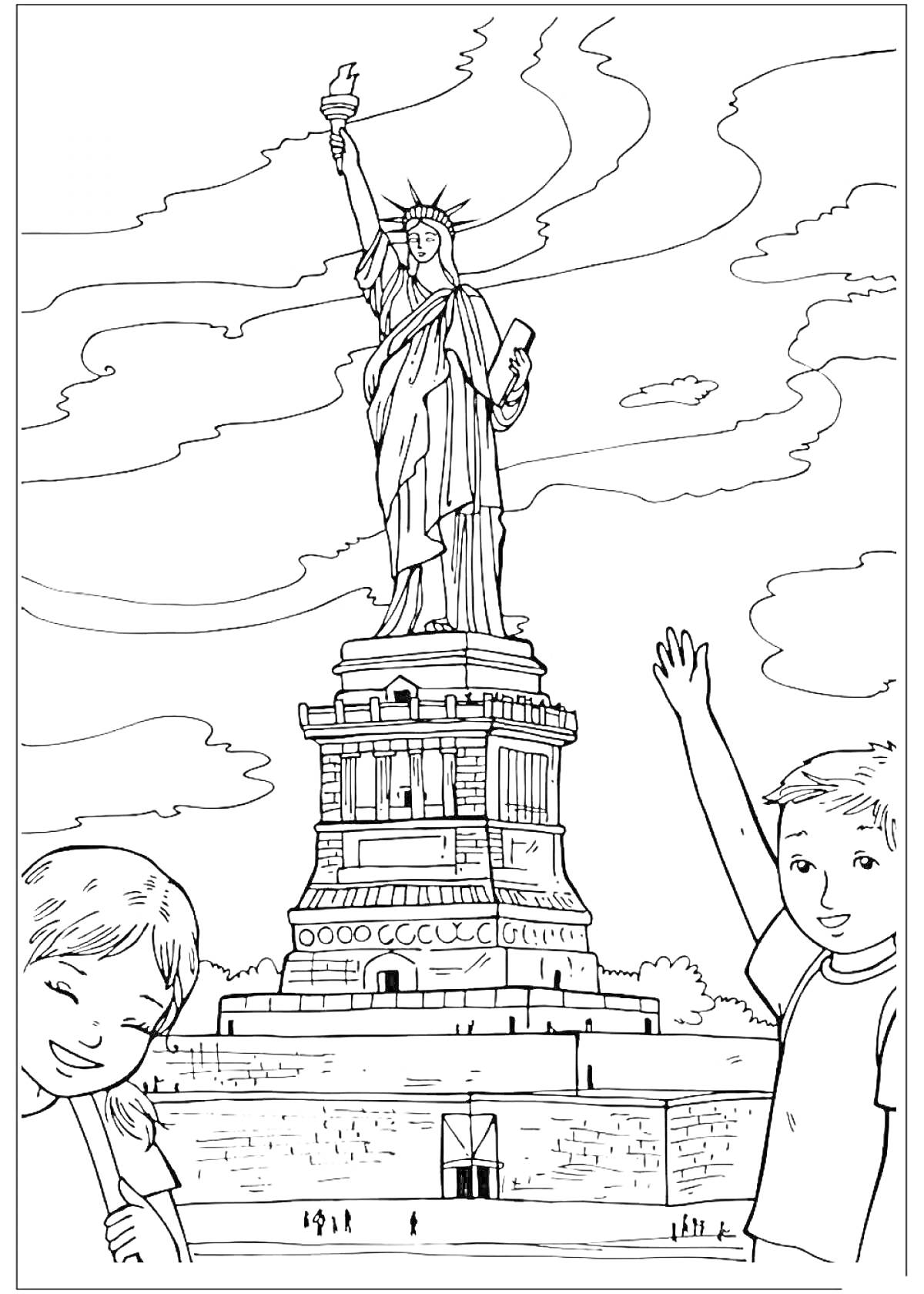 На раскраске изображено: Статуя Свободы, Нью-Йорк, США, Достопримечательности, Архитектура, Школьники, Путешествия, Для детей