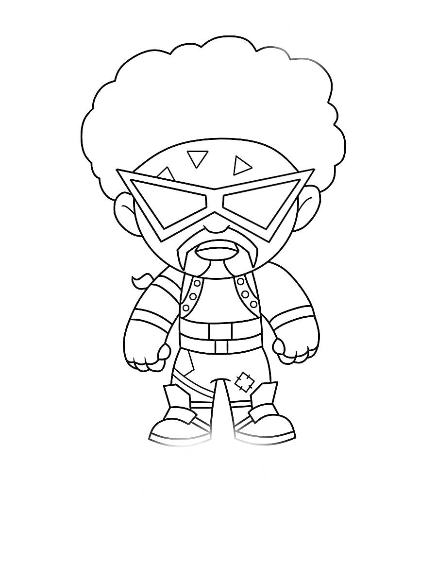 Персонаж Fortnite с афро-прической и треугольными очками, в куртке с ремнем и перчатками