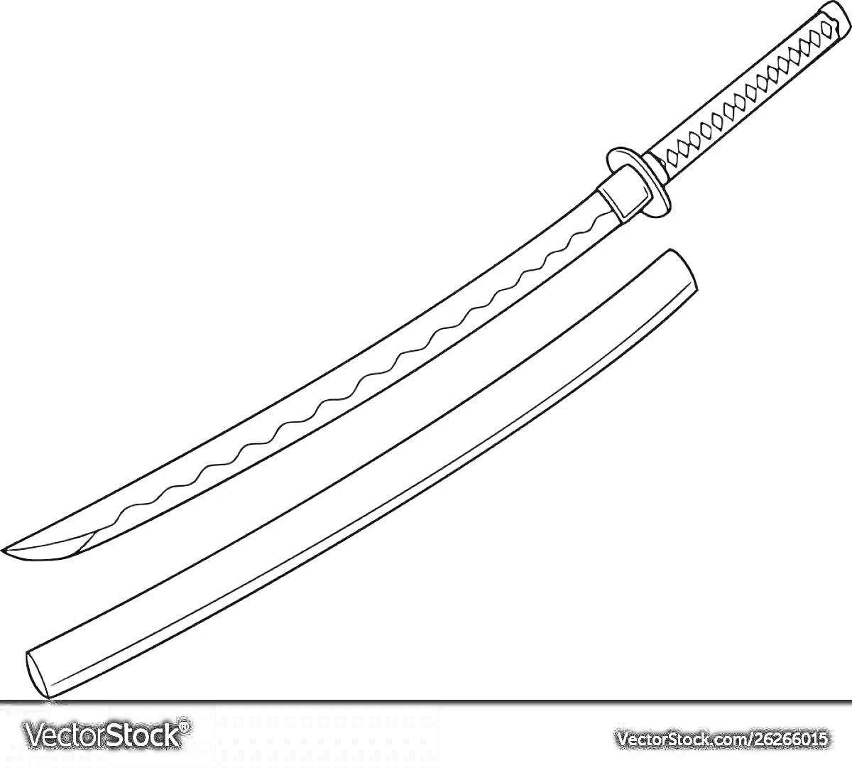 На раскраске изображено: Катана, Ножны, Меч, Японский меч, Волнистый узор, Оружие, Самурай
