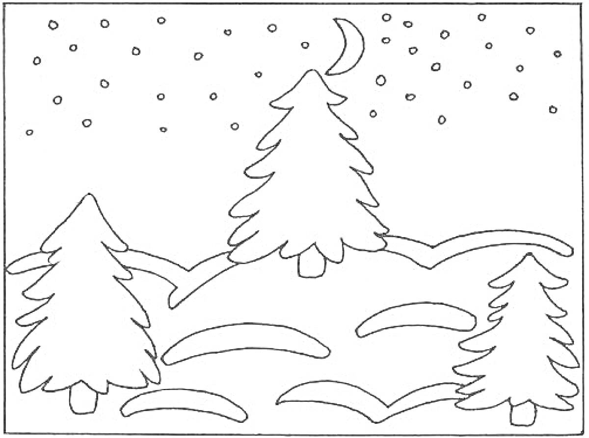 На раскраске изображено: Зимний пейзаж, Елки, Снег, Луна, Снежинки, Ночь, Холмы