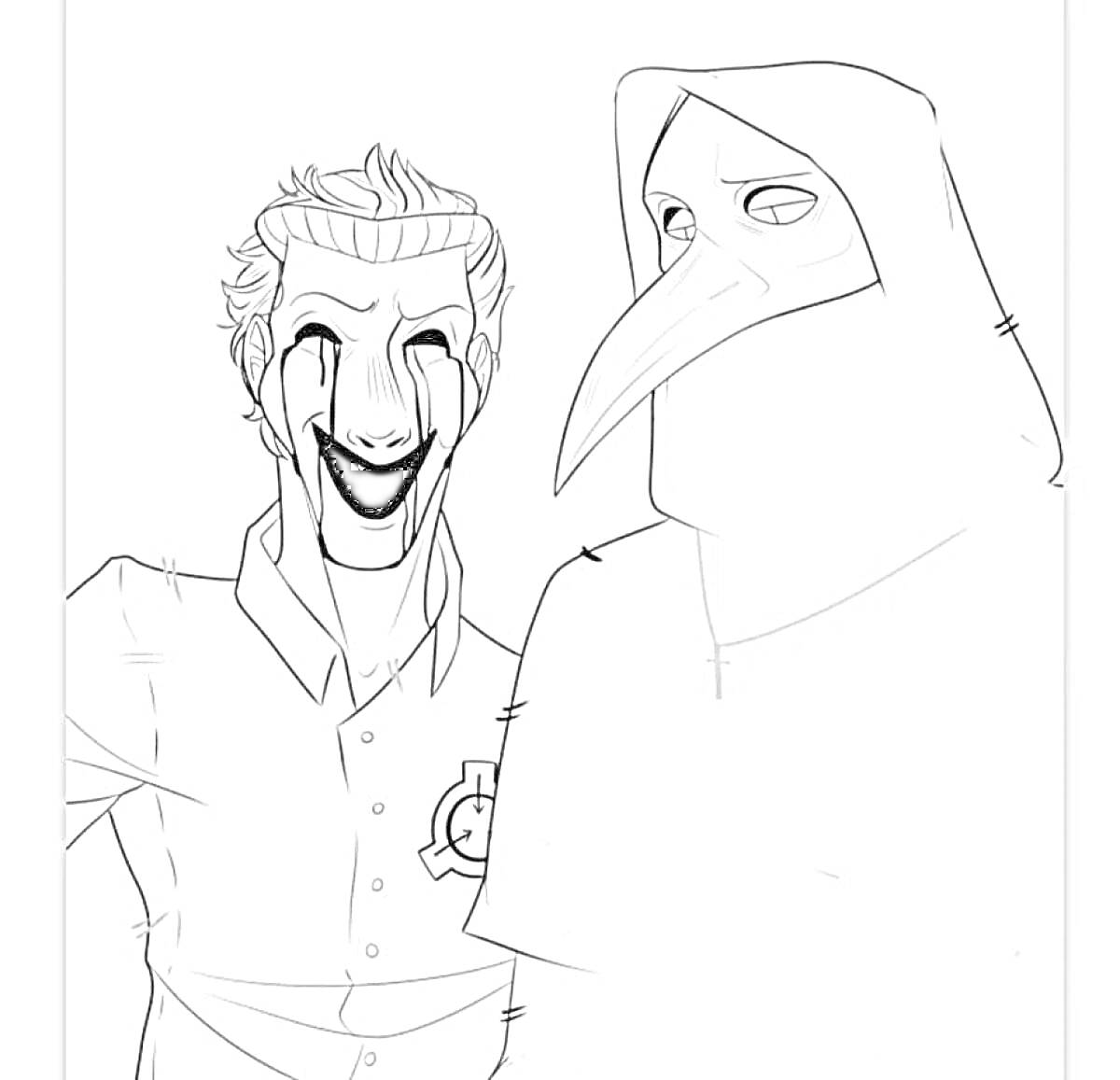 Раскраска Мужчина с логотипом SCP и маскарадный персонаж в плаще с клювом