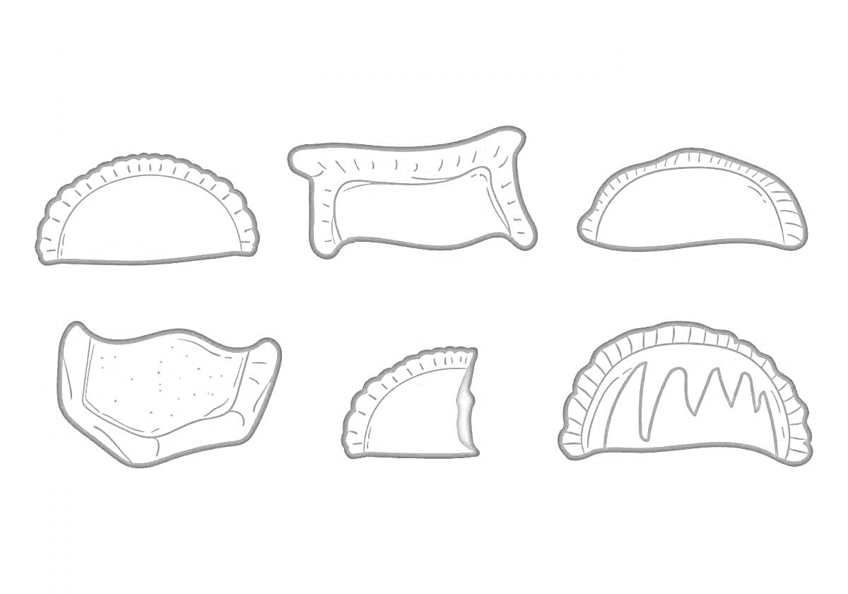 Раскраска Шесть чебуреков различных форм и размеров