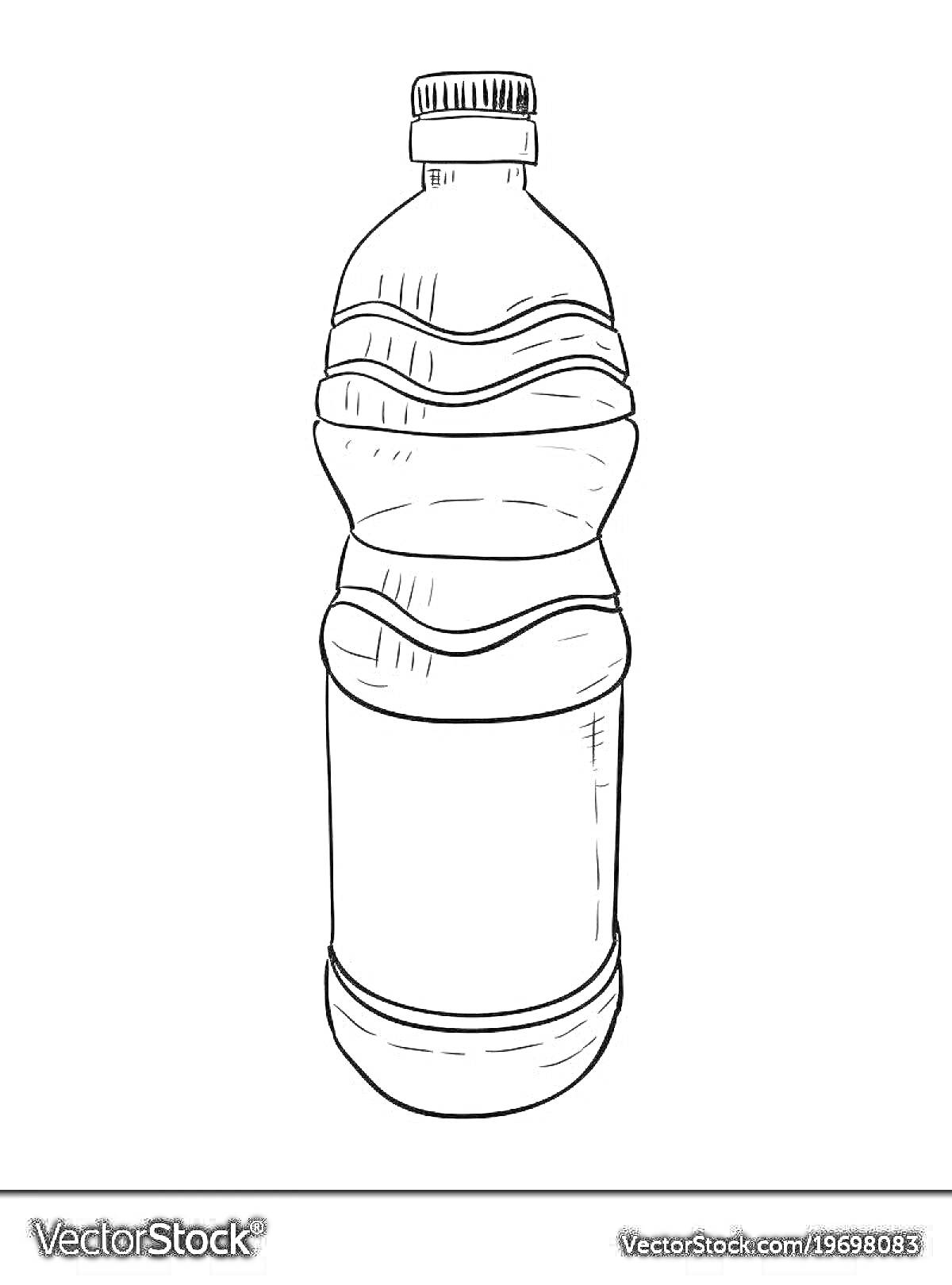 Раскраска Бутылка воды с этикеткой и ребристым дизайном, контурное изображение