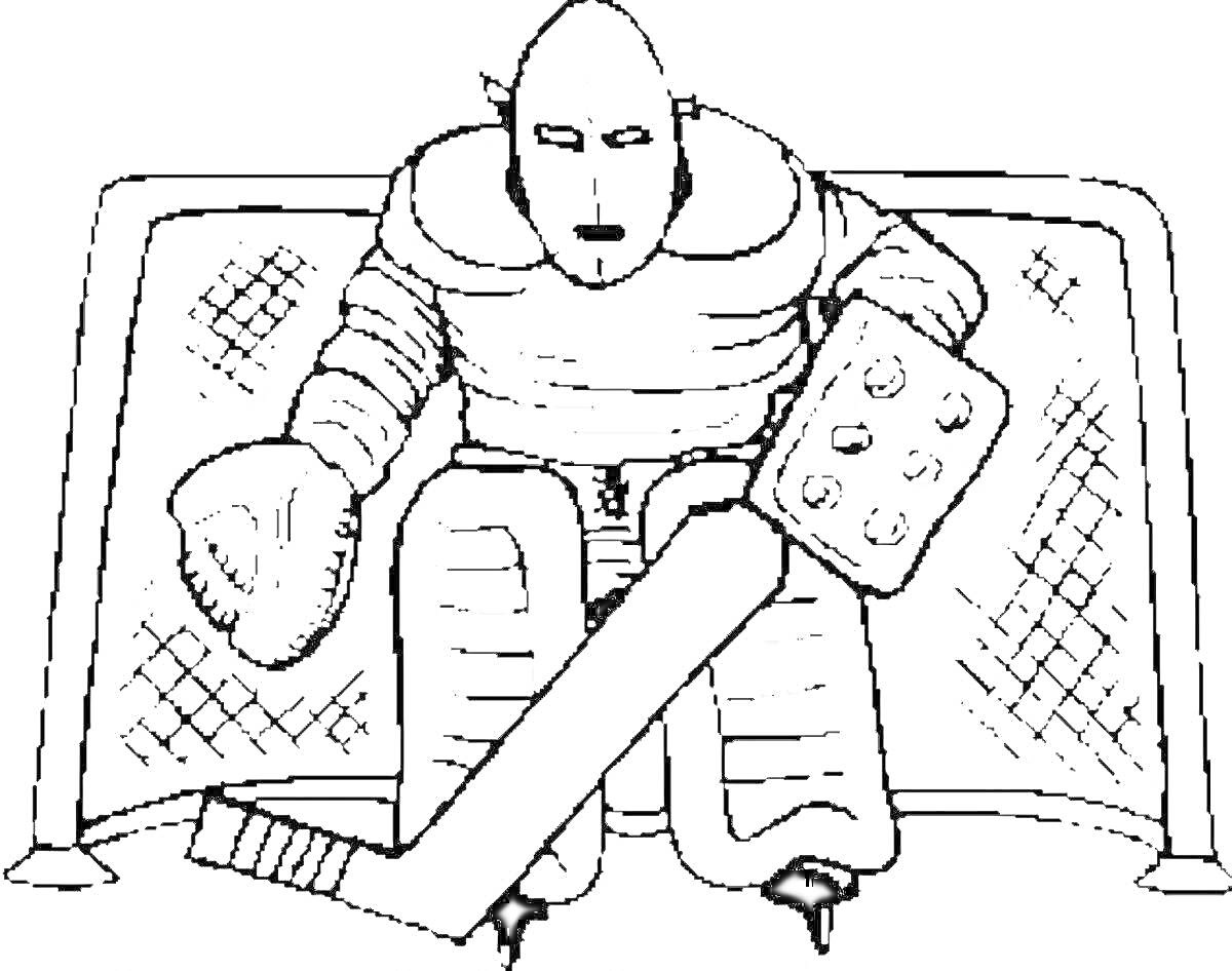 Раскраска Вратарь в хоккейной форме, держащий клюшку, перед хоккейной воротой