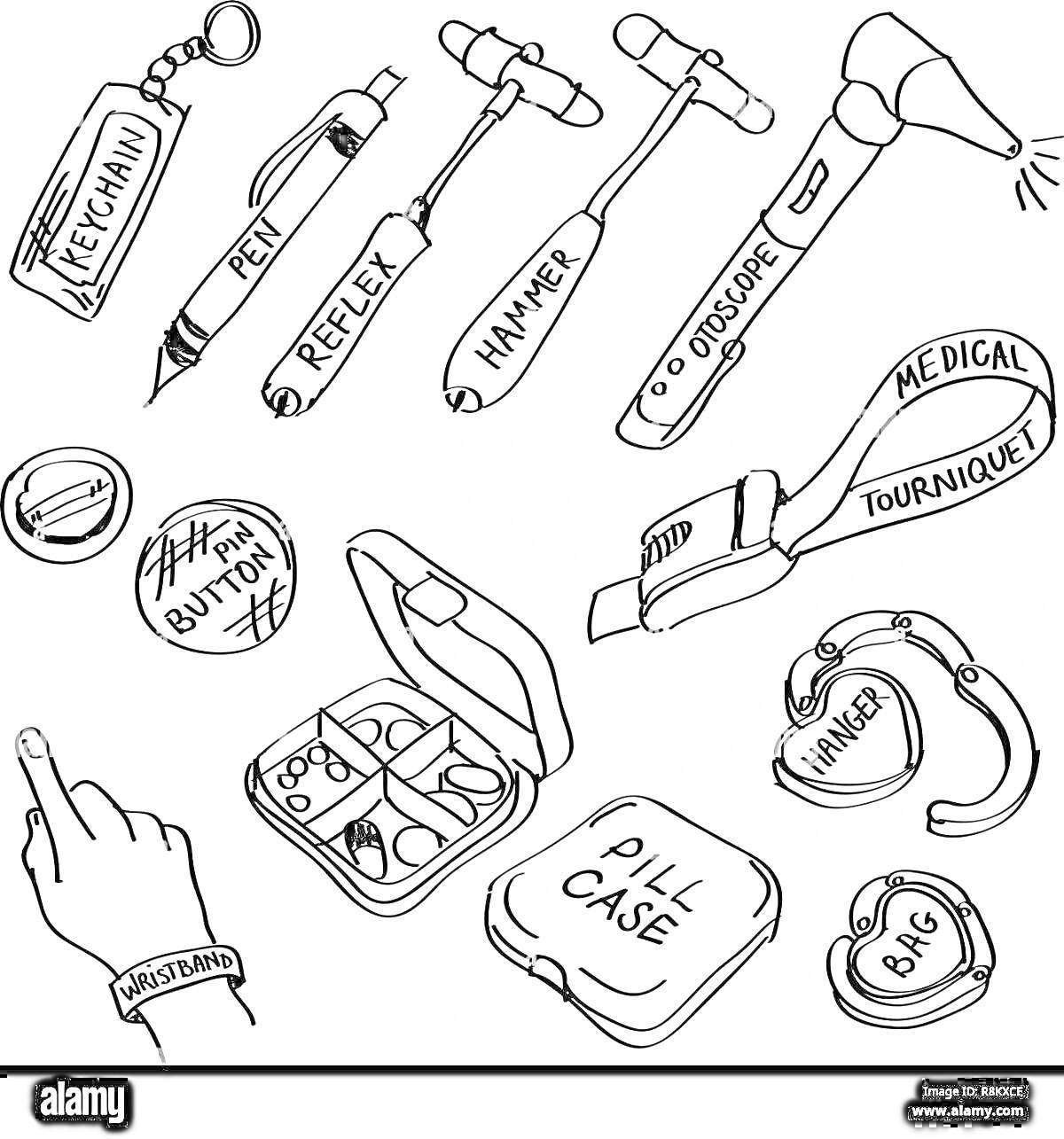 Раскраска Брелок, ручка, рефлекторный молоточек, молоточек, отоскоп, медицинский жгут, значок 