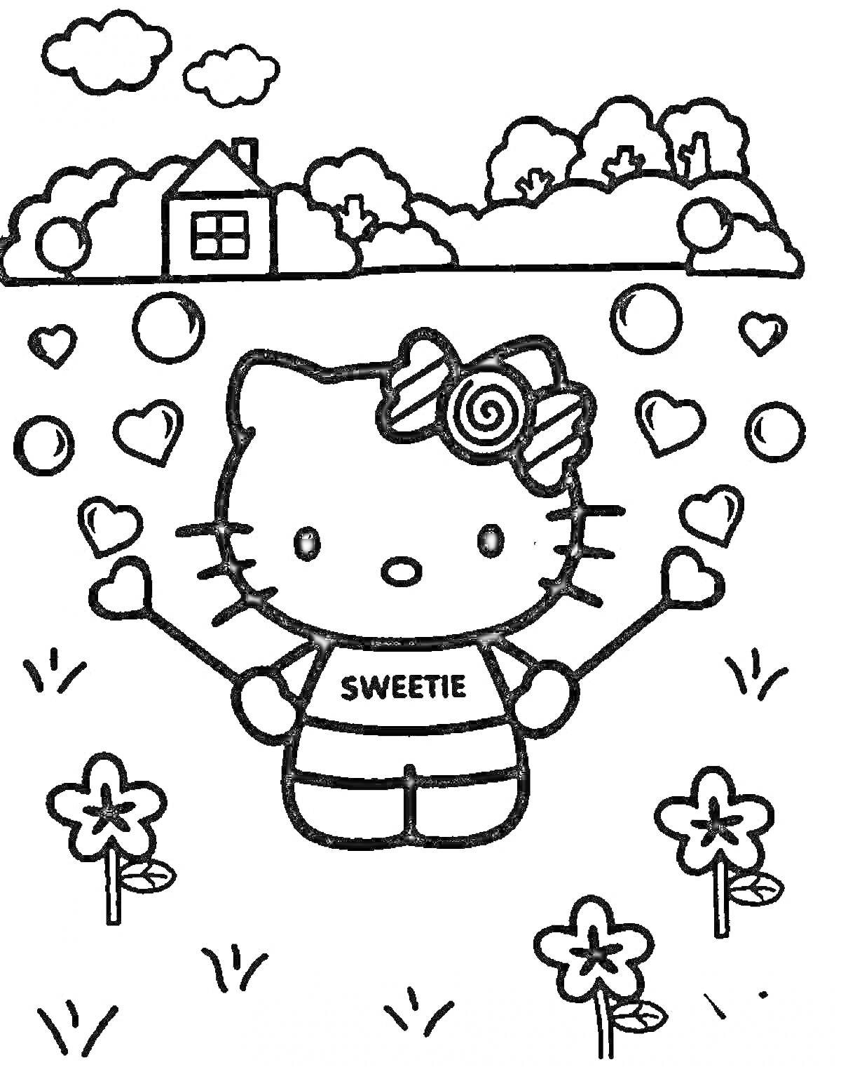 На раскраске изображено: Hello Kitty, Домик, Цветы, Облака, Деревья, Поляна, Из мультфильмов, Кот, Сердца, Сладости