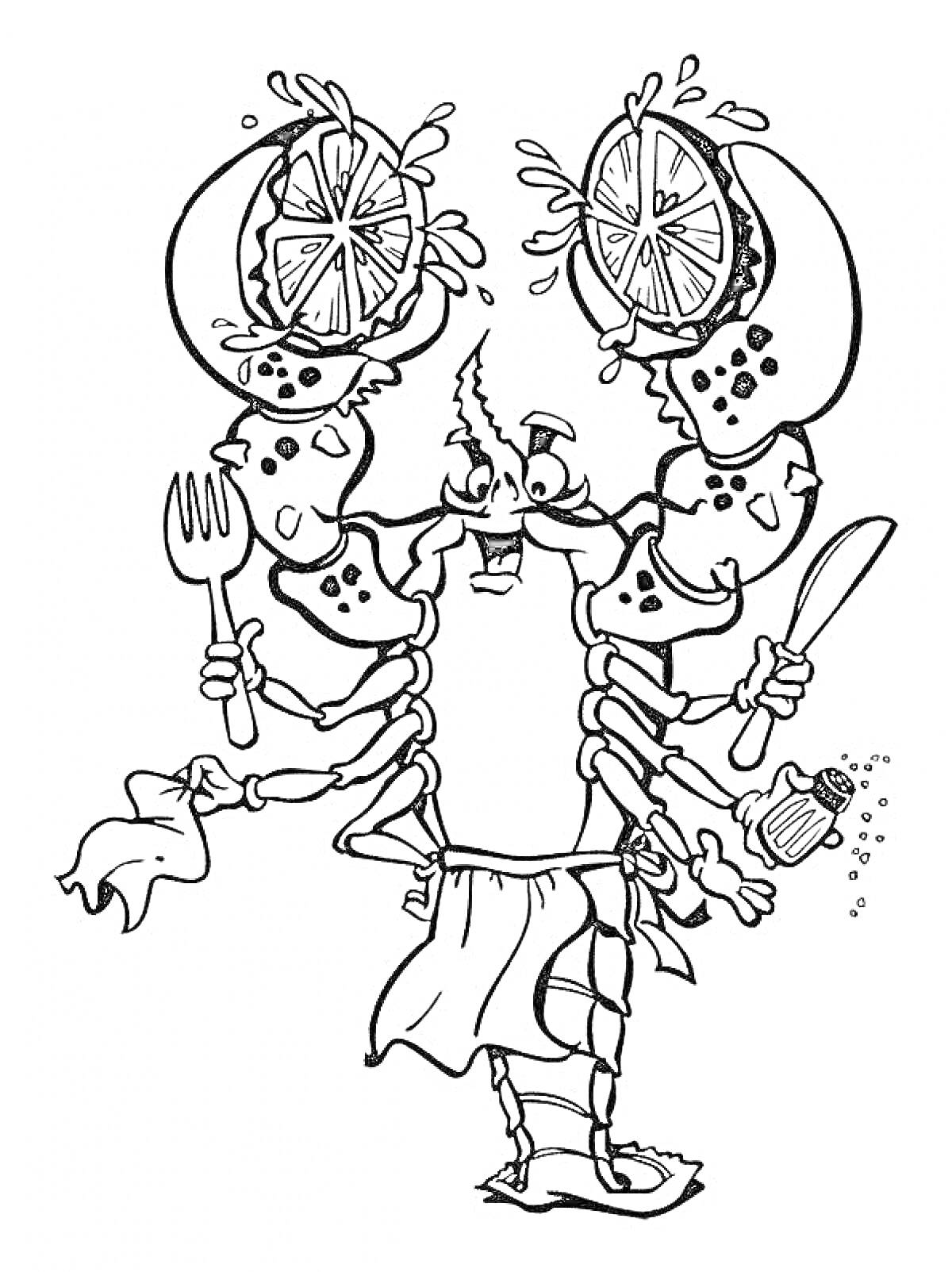 Раскраска Рак с лимонами на клешнях, держащий вилку, нож, перцемолку и полотенце