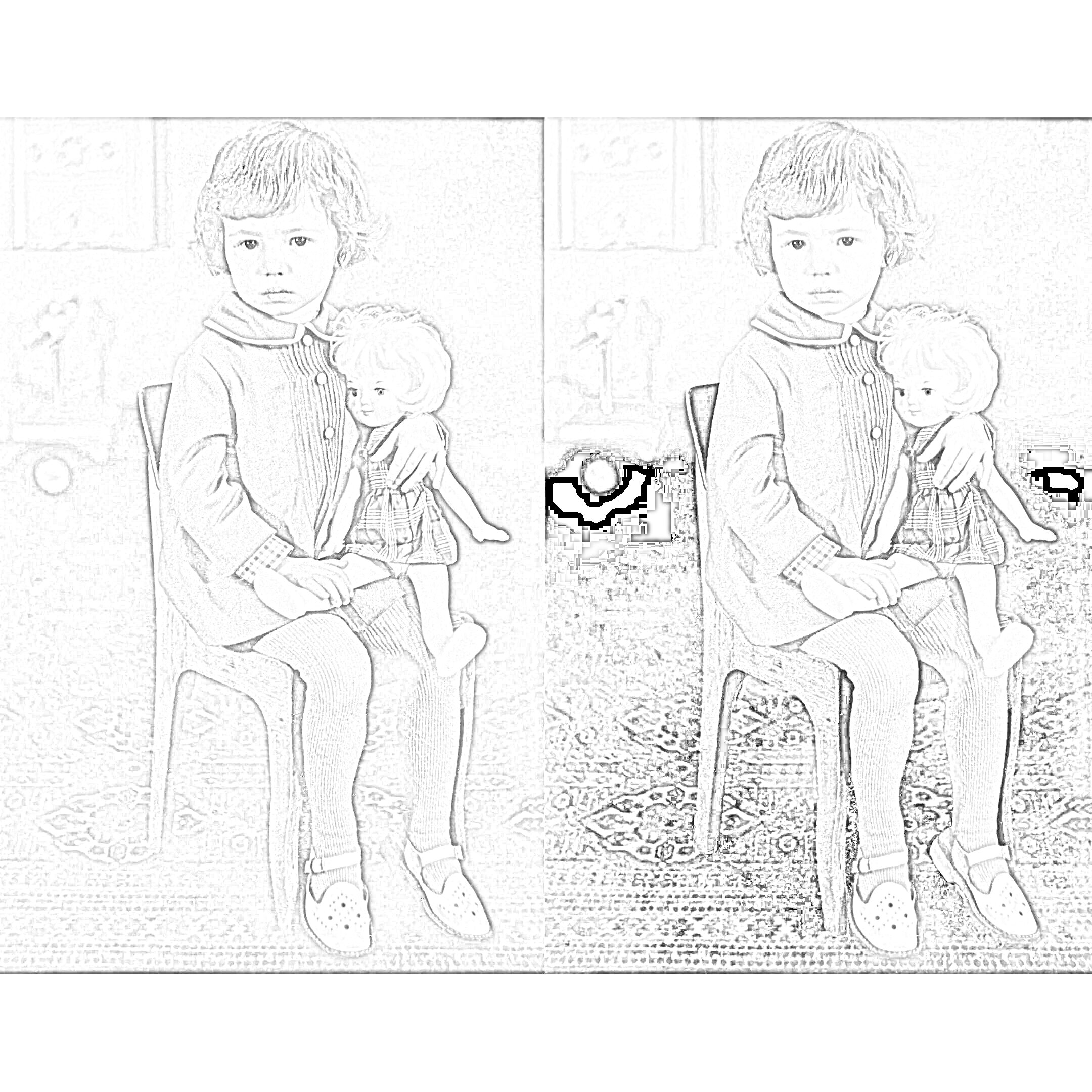 Раскраска ребенок сидит на стуле с куклой, черно-белая и цветная версии