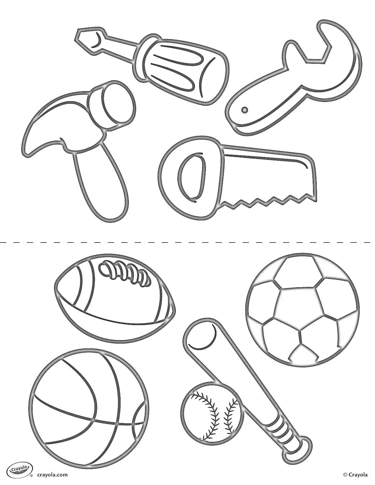 На раскраске изображено: Футбольный мяч, Баскетбольный мяч, Бейсбольный мяч, Бейсбольная бита, Спорт, Спортивный инвентарь