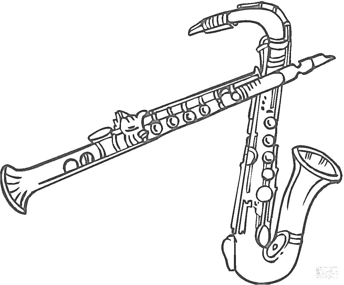 На раскраске изображено: Флейта, Саксофон, Музыкальные инструменты, Мундштук