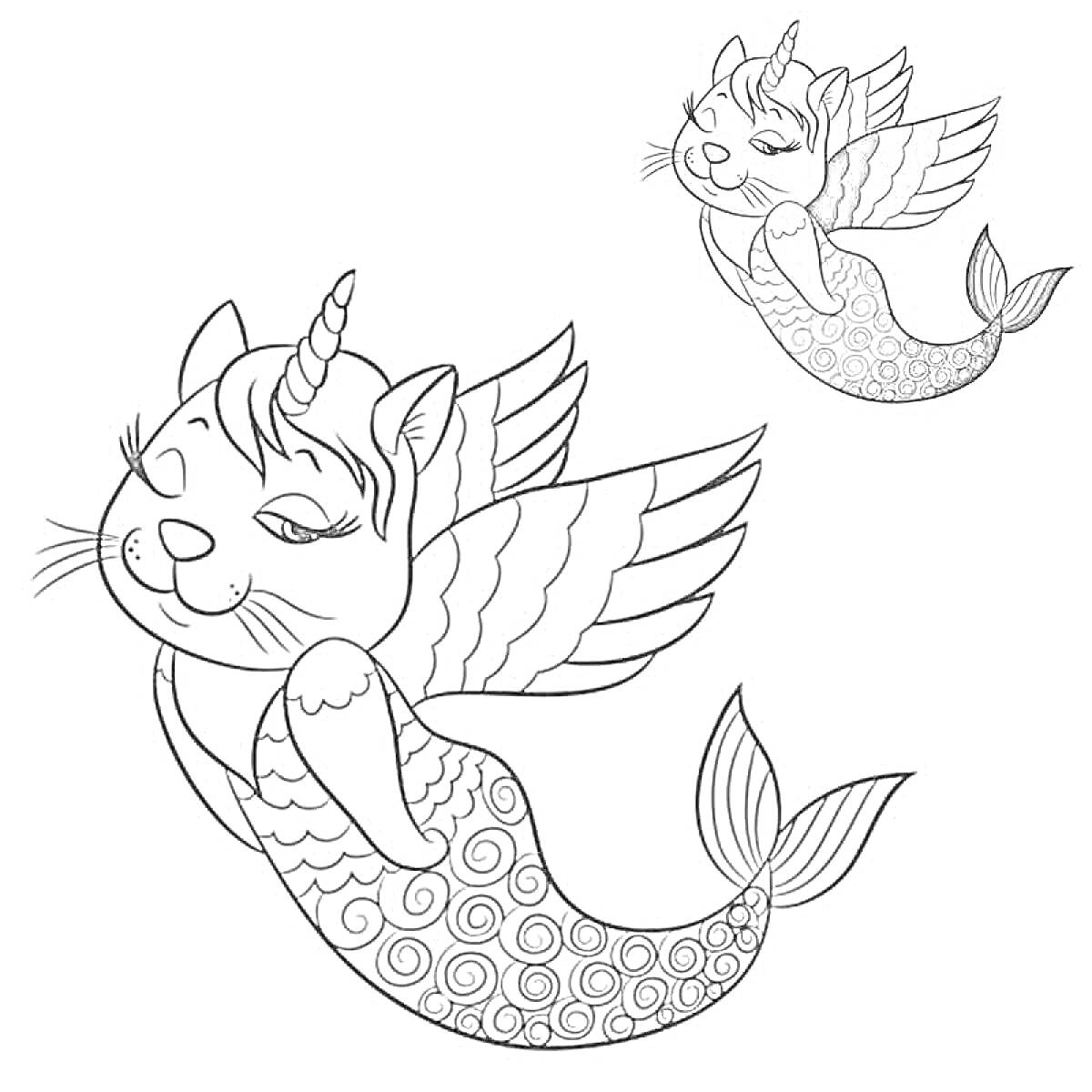 Раскраска Кот единорог с крыльями и хвостом русалки