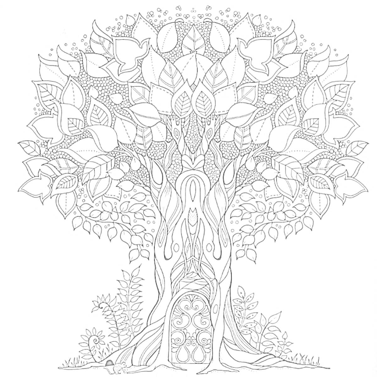 Раскраска Антистресс дерево с большим количеством листьев, декоративными элементами, дверью в стволе и растениями у основания