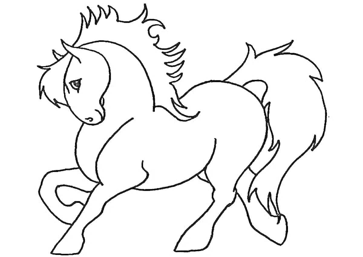 На раскраске изображено: Лошадь, Животные, Грива, Поднятая нога, Для детей, Контурные рисунки