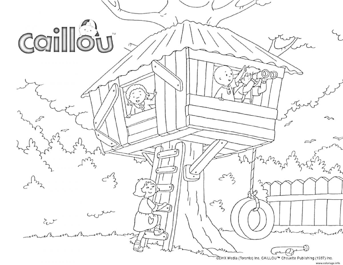 Раскраска Дом на дереве: трое детей внутри домика на дереве, лестница, высокая ветка, качели из автомобильной покрышки, забор