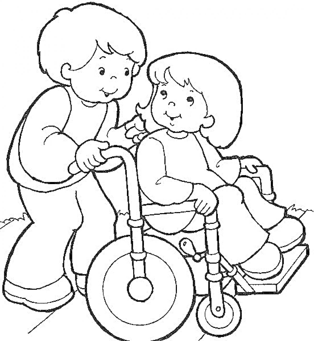 На раскраске изображено: Инвалидная коляска, Дружба, Забота, Помощь, Открытый воздух, Доброта