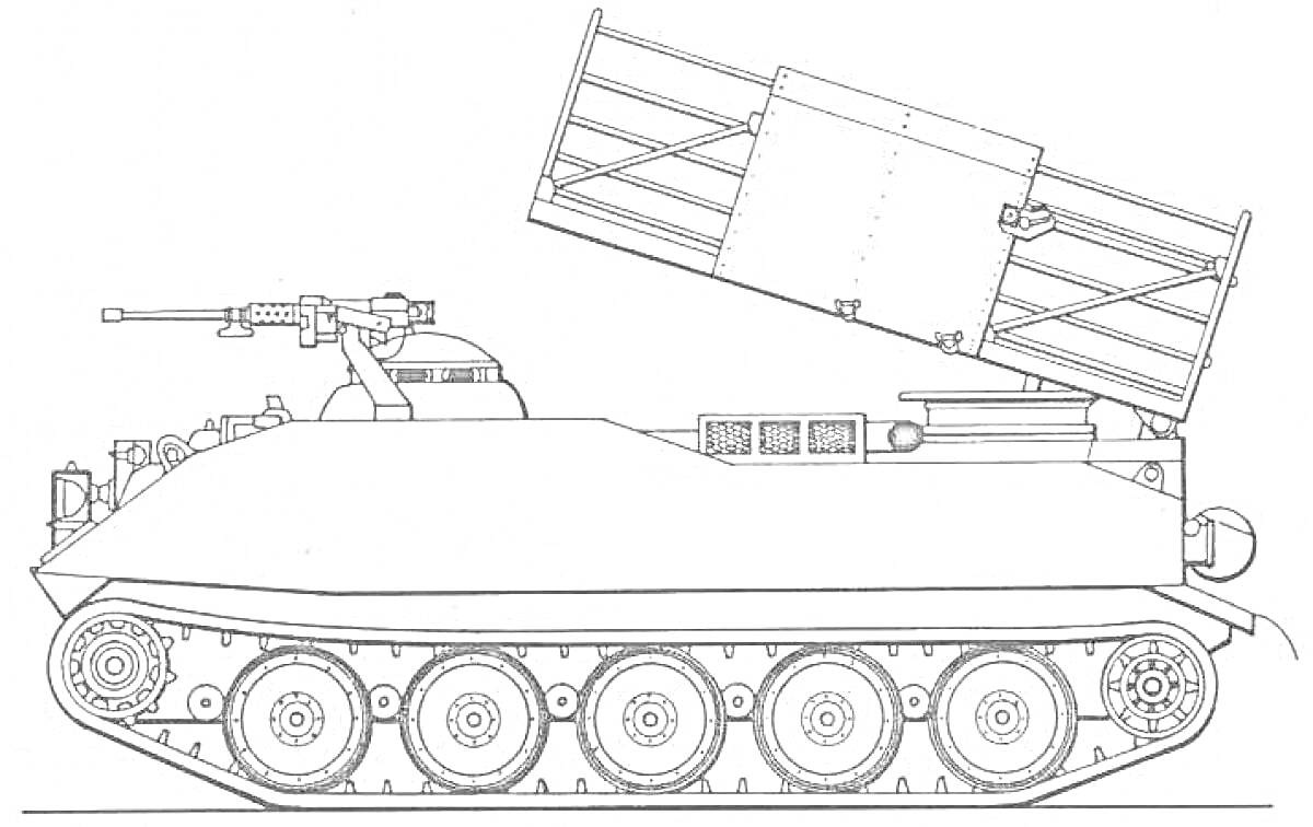 Раскраска Танк Катюша с пусковой установкой ракет, гусеничный движитель, пулемёт, боевая рубка