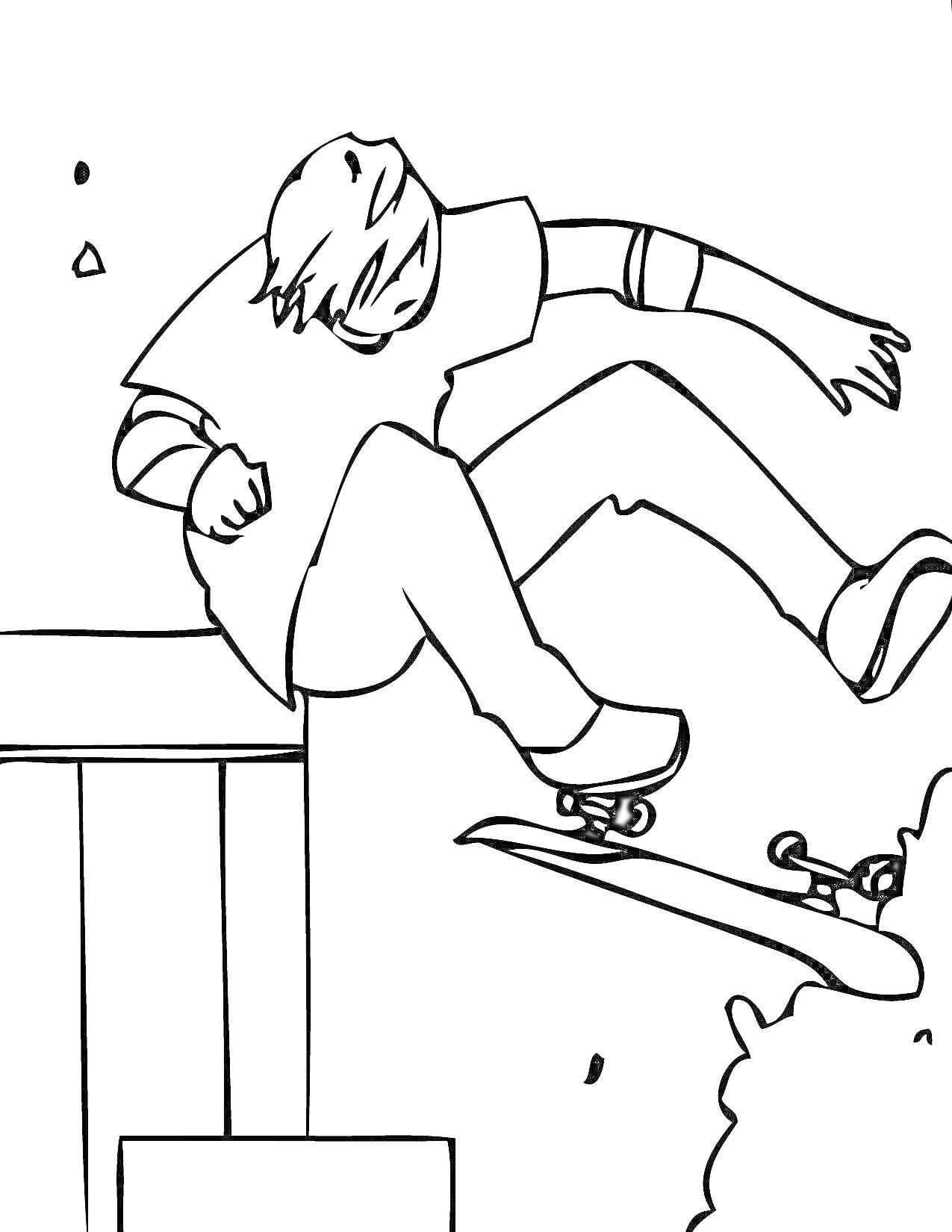 Раскраска Скейтбордист в прыжке с перил