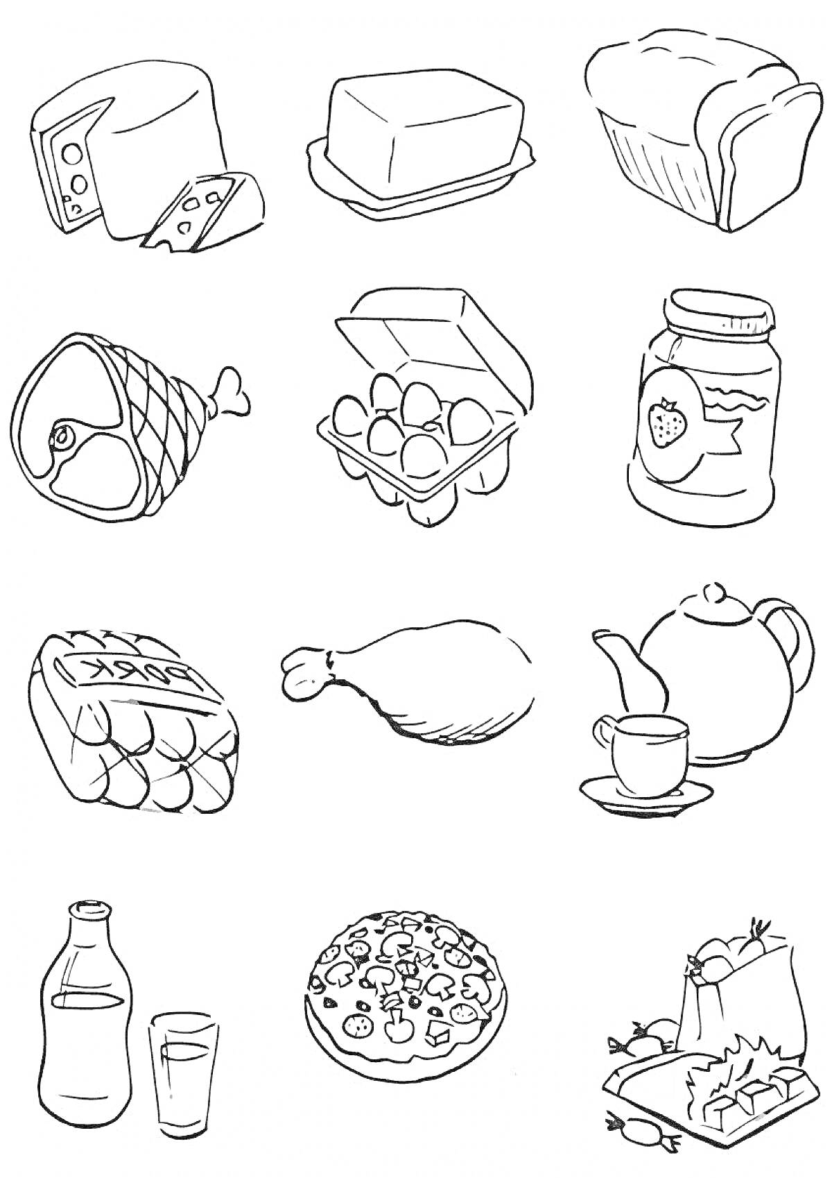 На раскраске изображено: Сыр, Масло, Хлеб, Ветчина, Яйца, Варенье, Чай, Молоко, Пицца, Овощи, Еда
