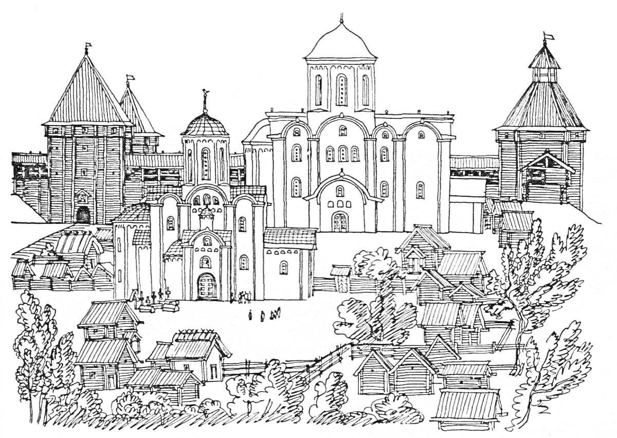 Раскраска Средневековая Рязань с церковью, башнями и домами