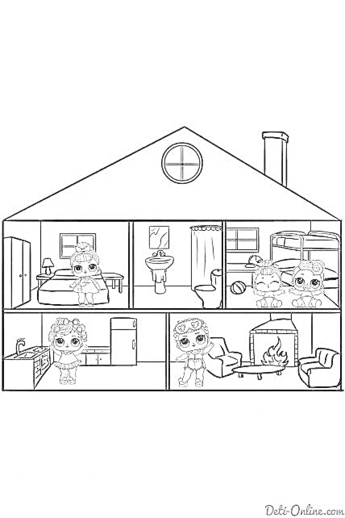 На раскраске изображено: Домик лол, Кукольный дом, Мебель, Кровати, Кухня, Камин, Игрушки, Ванная комната