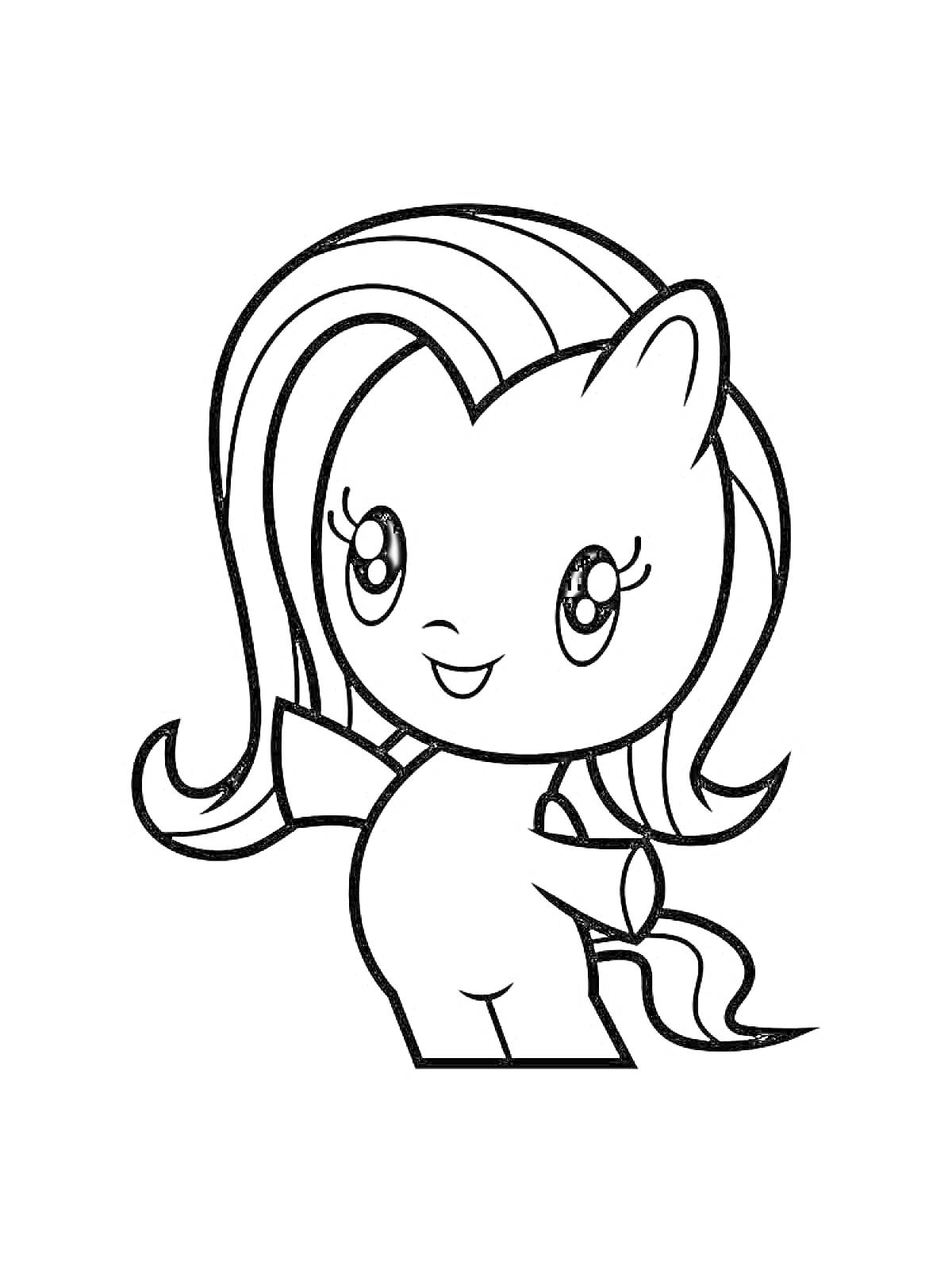 Раскраска Маленькая пони с длинными волосами и большими глазами