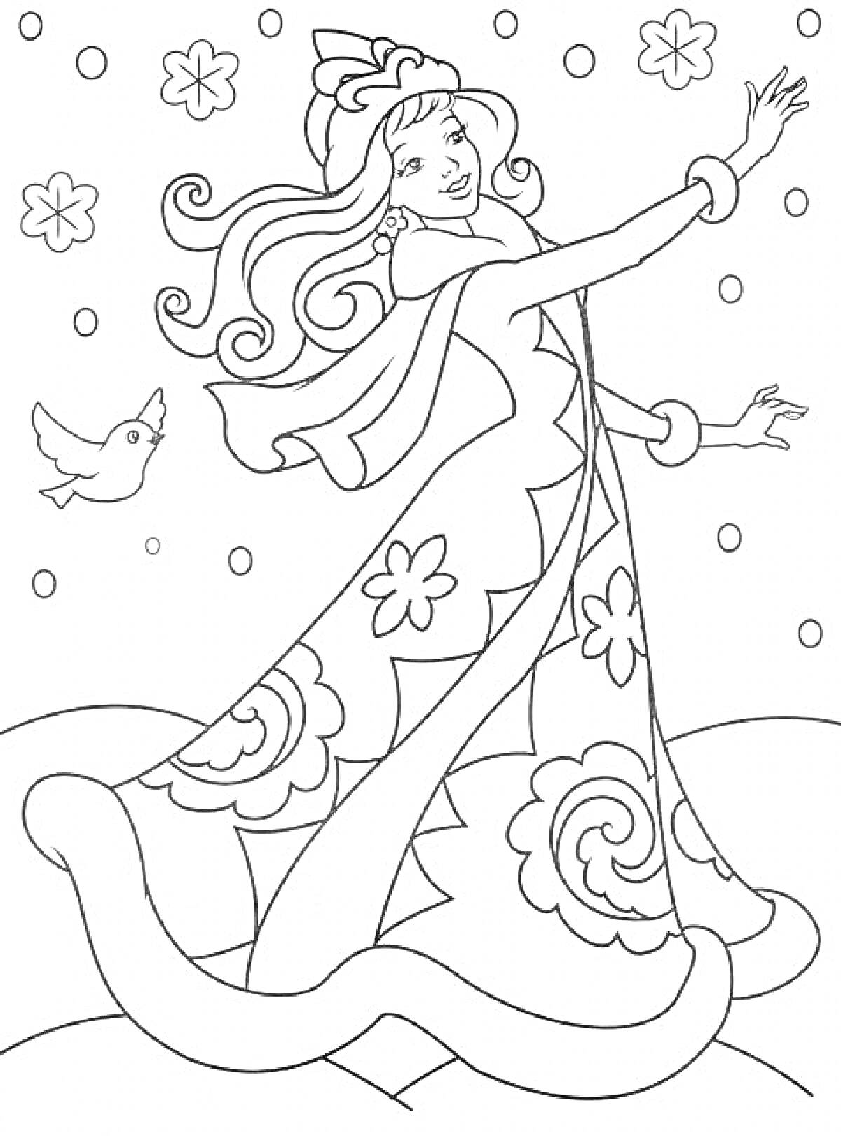 Раскраска Снежная девушка с птицей и снежинками на фоне падающего снега