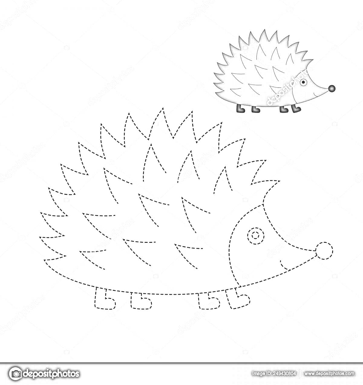Раскраска Ежик без колючек с нарисованной колючей спиной, рядом маленький ежик в верхнем правом углу