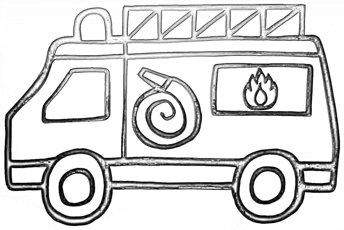 Раскраска Пожарная машина с лестницей, окном, огнетушительным шлангом и символом огня