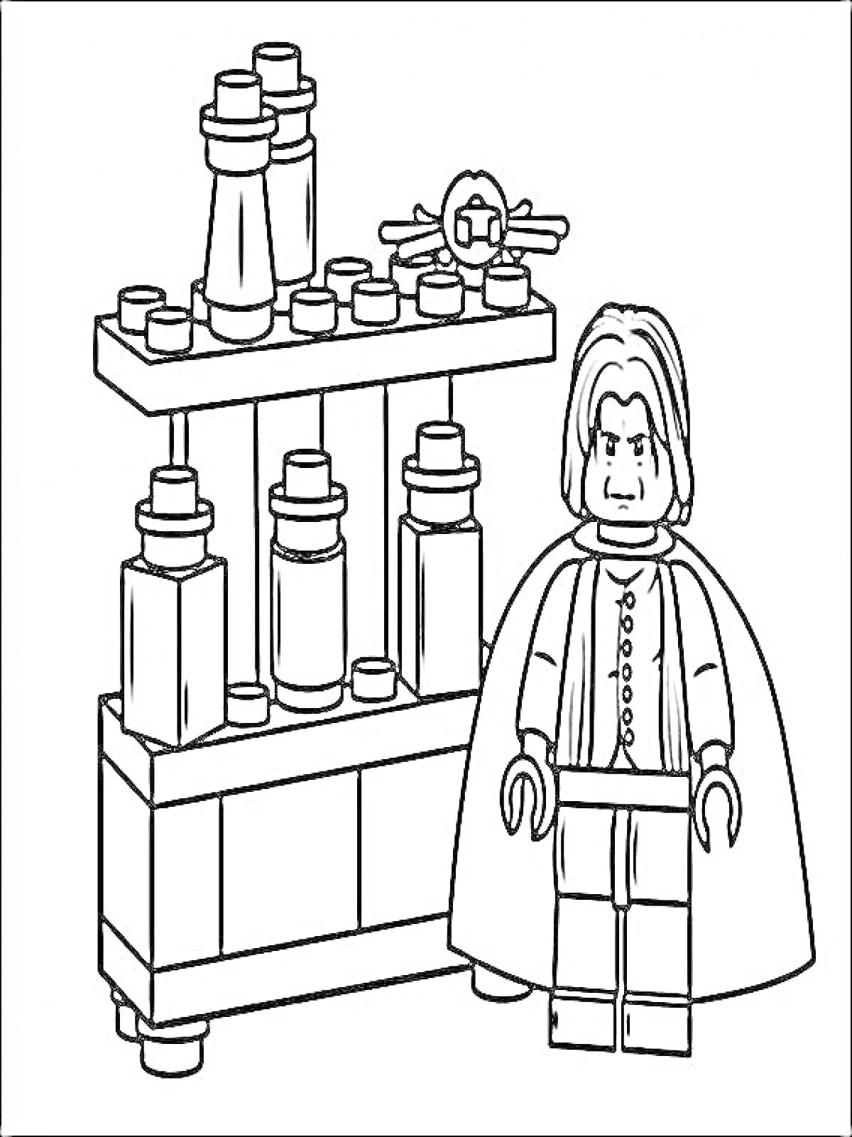 Раскраска Лего фигура персонажа рядом со столом и бутылочками