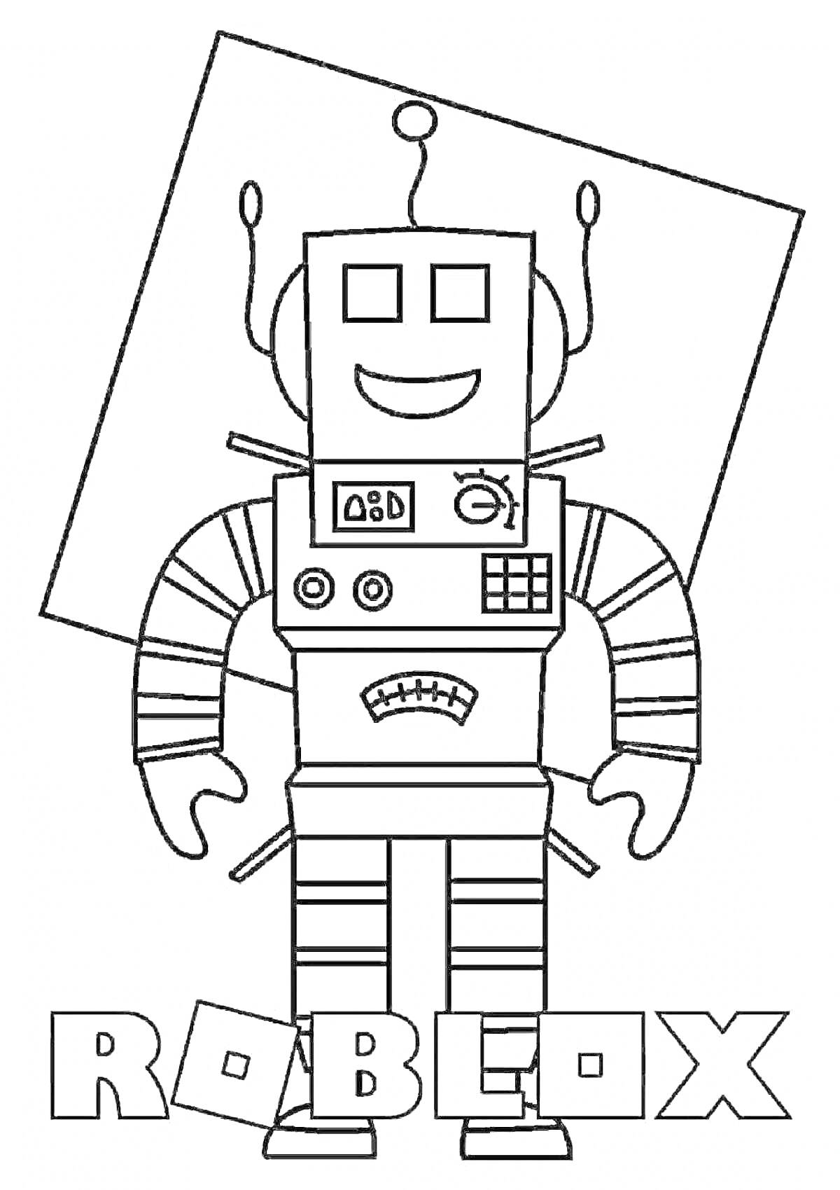 Раскраска Робот с антеннами и гофрированными руками и ногами на фоне надписи ROBLOX