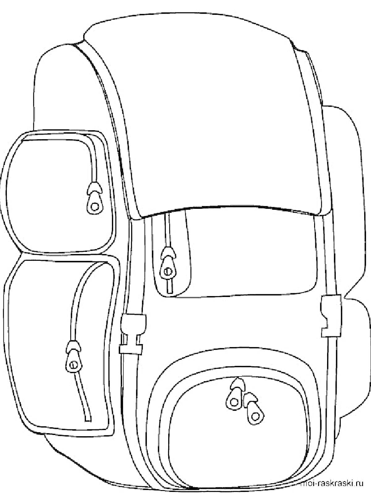 Раскраска Рюкзак с множеством карманов, молниями и застежками