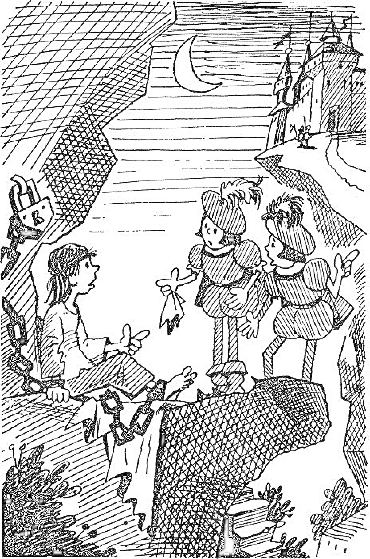 Раскраска Двое мальчиков в шапках с перьями общаются с цепоченной девочкой возле замка в ночное время