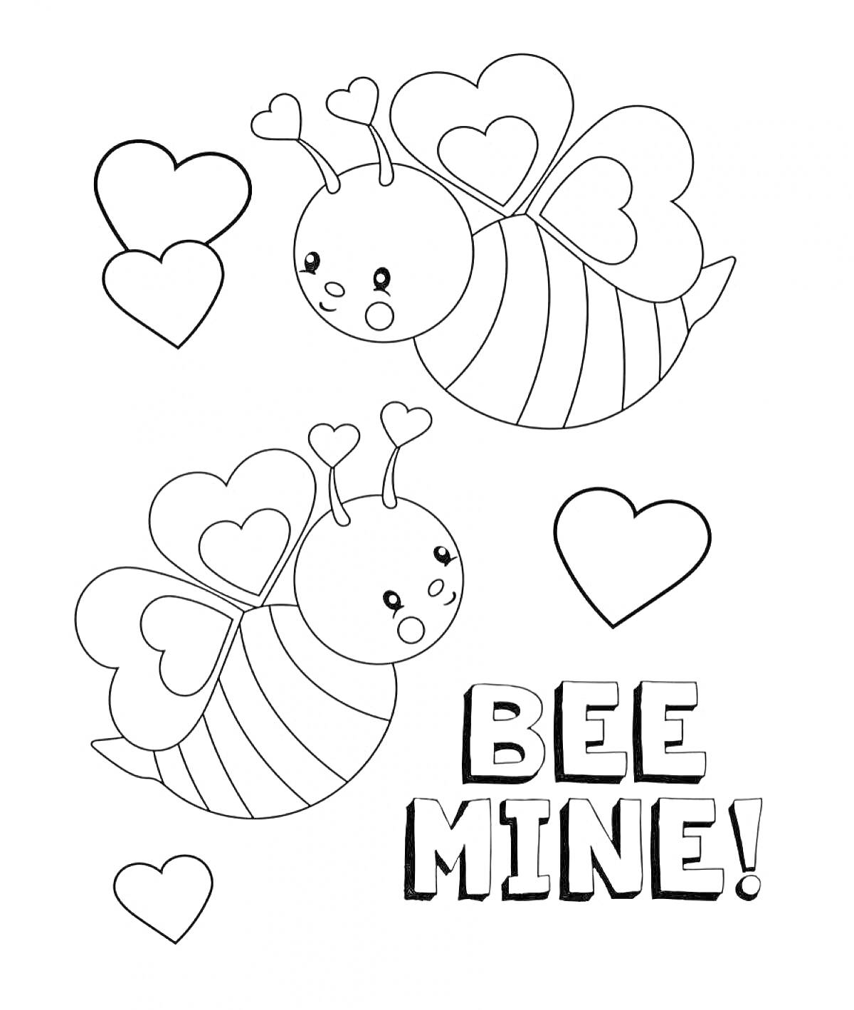 На раскраске изображено: Февраль, День святого Валентина, Пчелы, Сердца, Любовь, Романтика