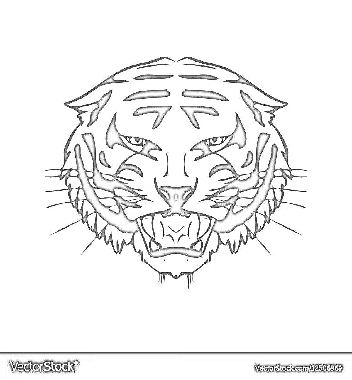 На раскраске изображено: Тигр, Голова, Пасть, Полосы