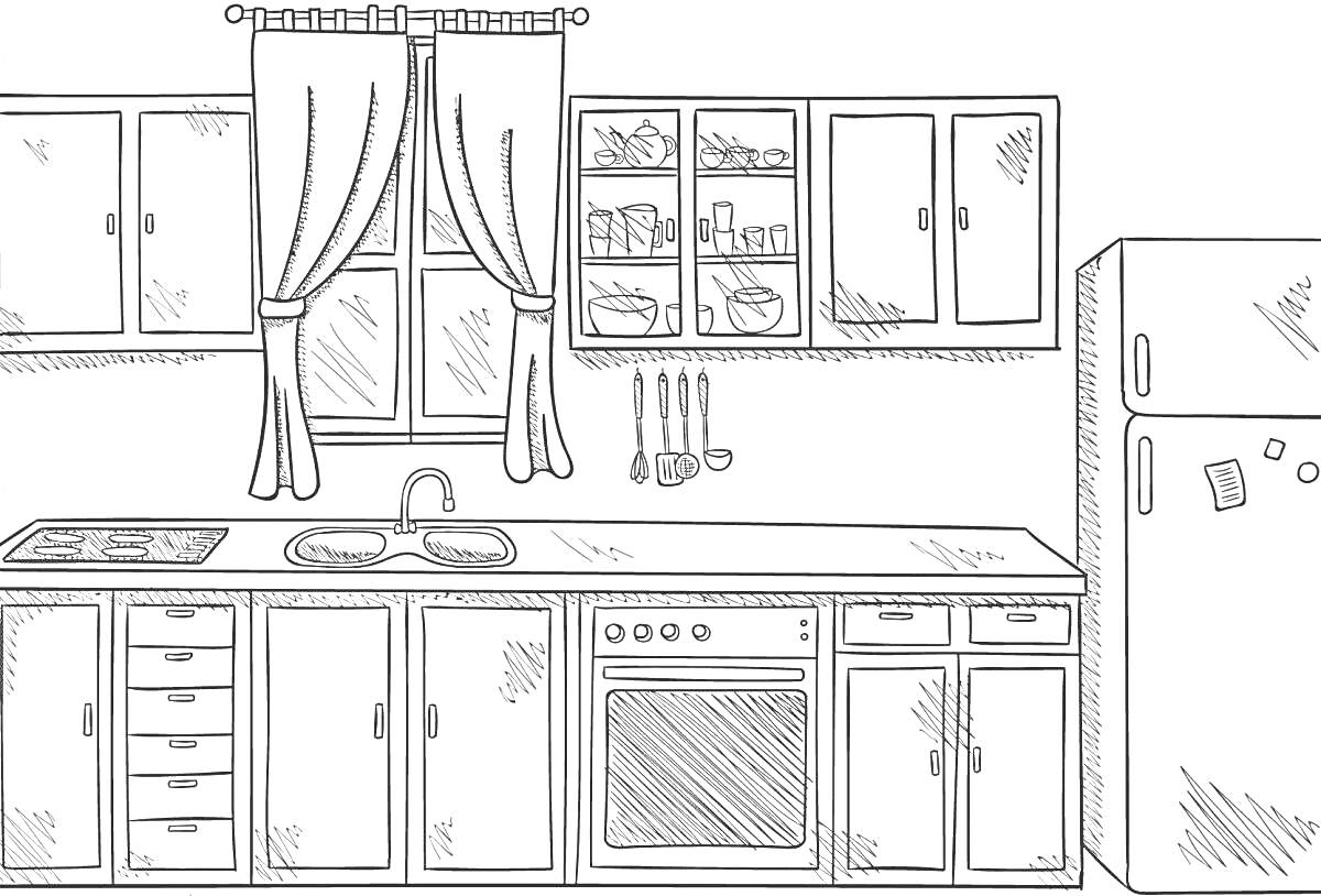 Раскраска Кухня с окном, занавесками, шкафчиками, полками, раковиной, плитой, посудой, ножами и холодильником