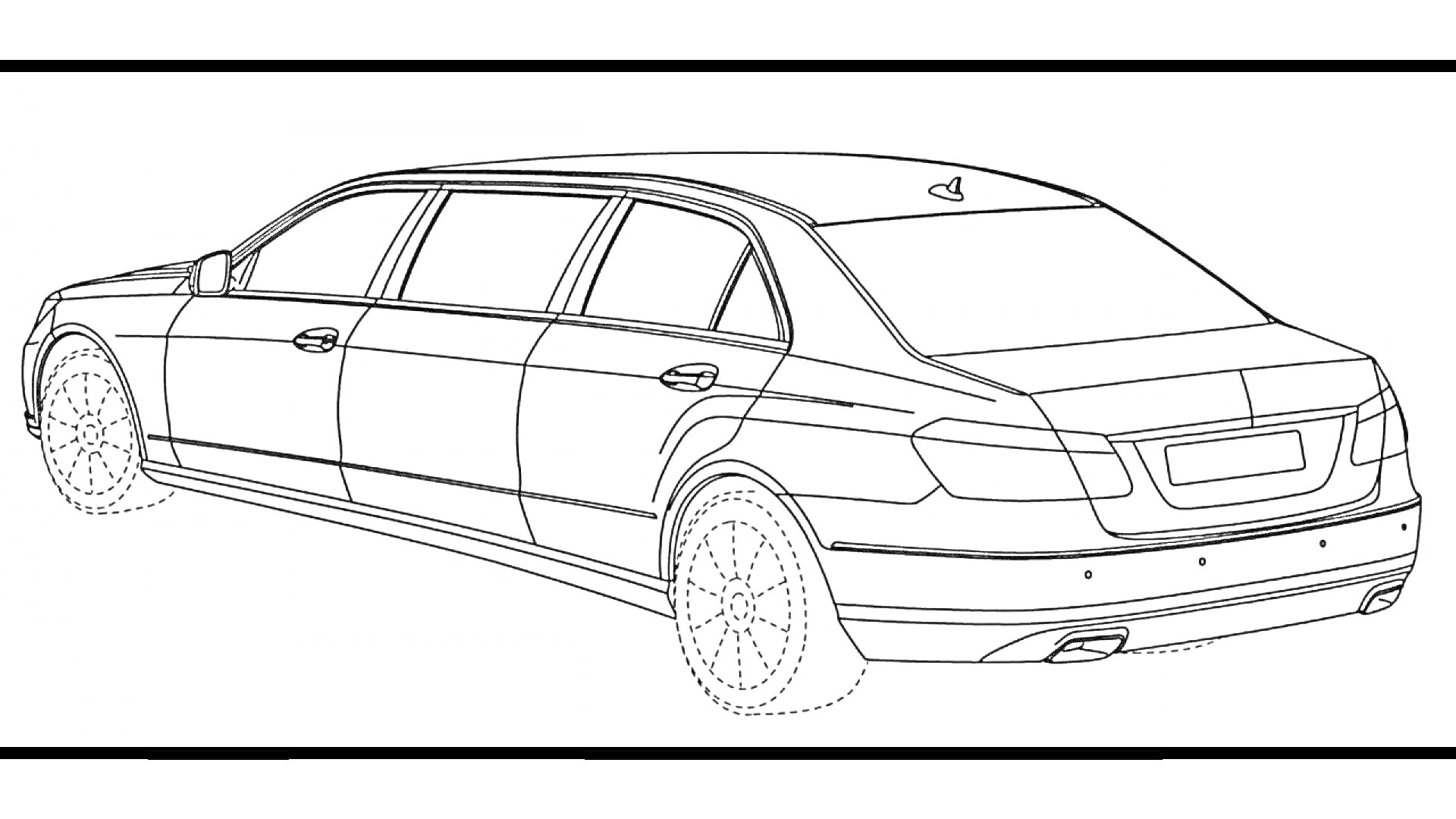 Раскраска Лимузин с четырьмя дверями и автообвесами, с видом сбоку сзади
